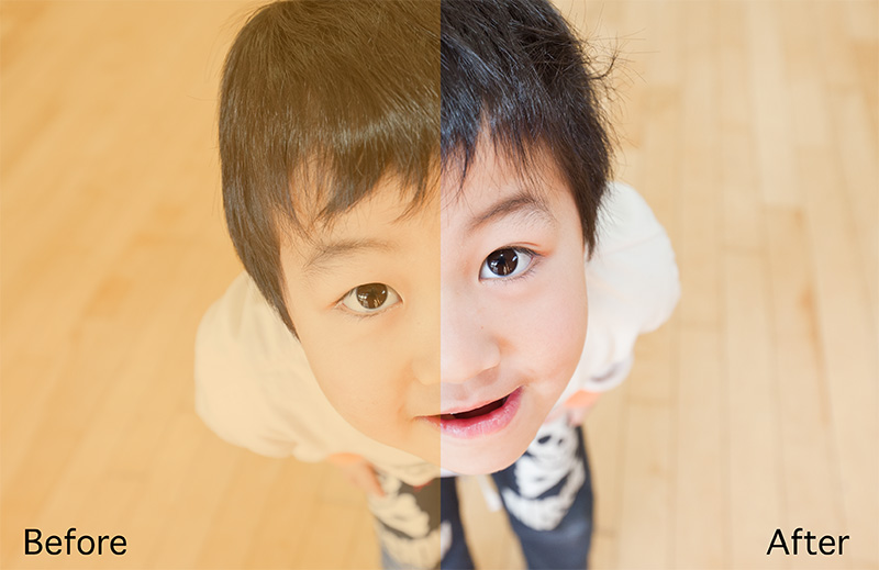 補正処理前と後の子供の写真