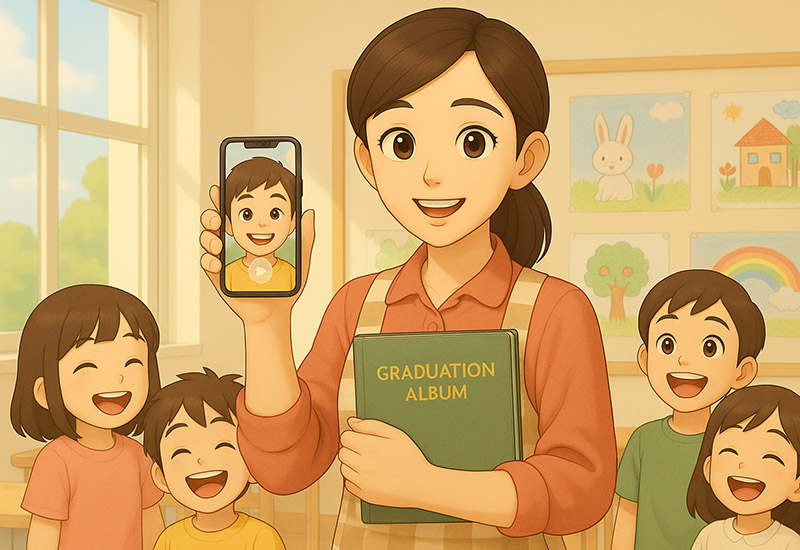スマートフォンを手にもつ幼稚園の先生