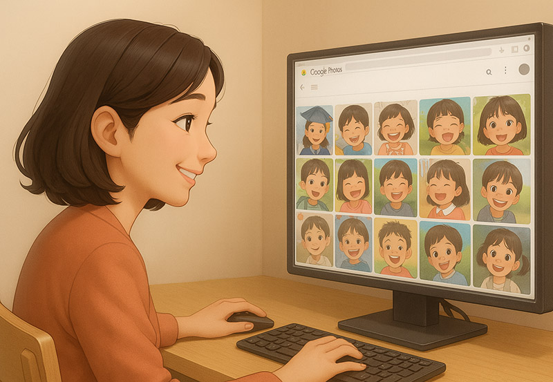 Googleフォトで写真選定をしている卒園アルバム委員.