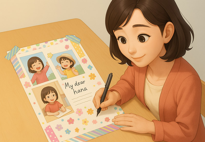 お母さんが卒園アルバムの個人ページを作成中