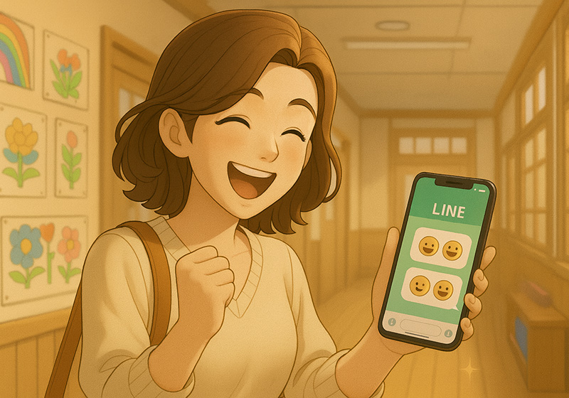 幼稚園の廊下でLINEの返答が来て喜ぶ母親