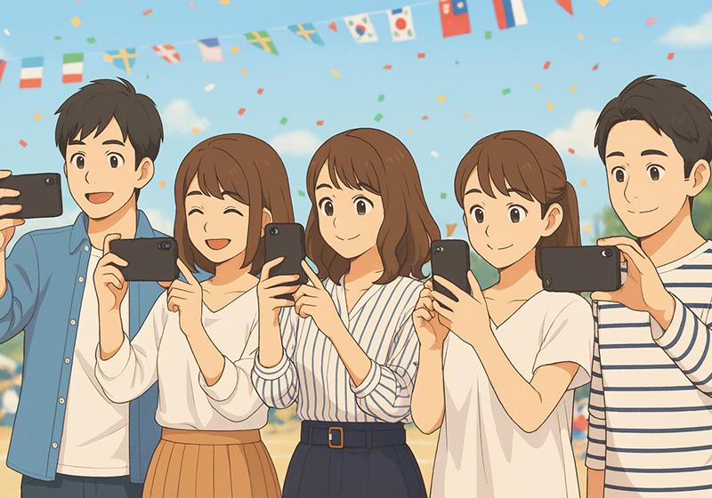 スマートフォンで運動会の競技を撮影している保護者