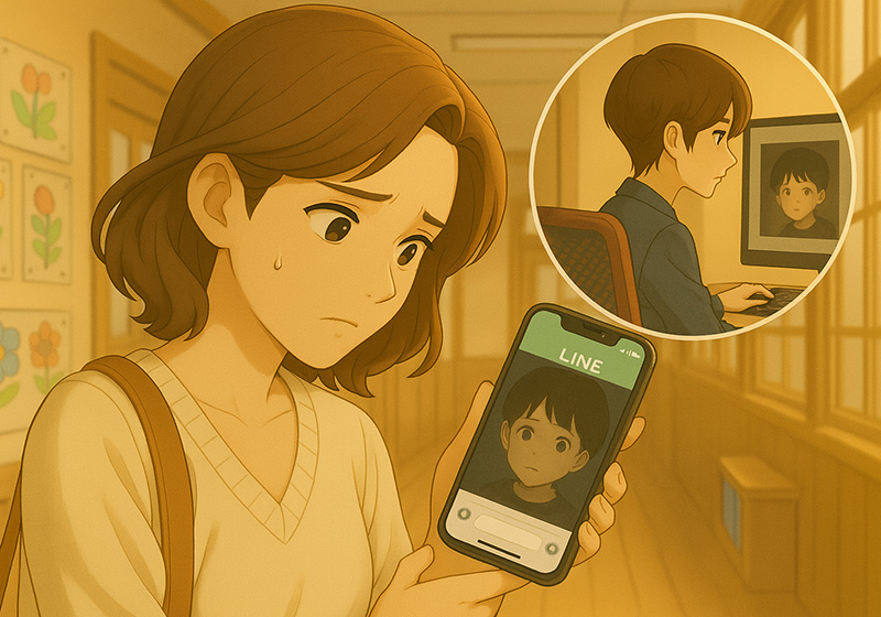 暗い写真が使えるかの検証依頼をLINEで問い合わせてる母親。それを検証してるデザインスタッフ